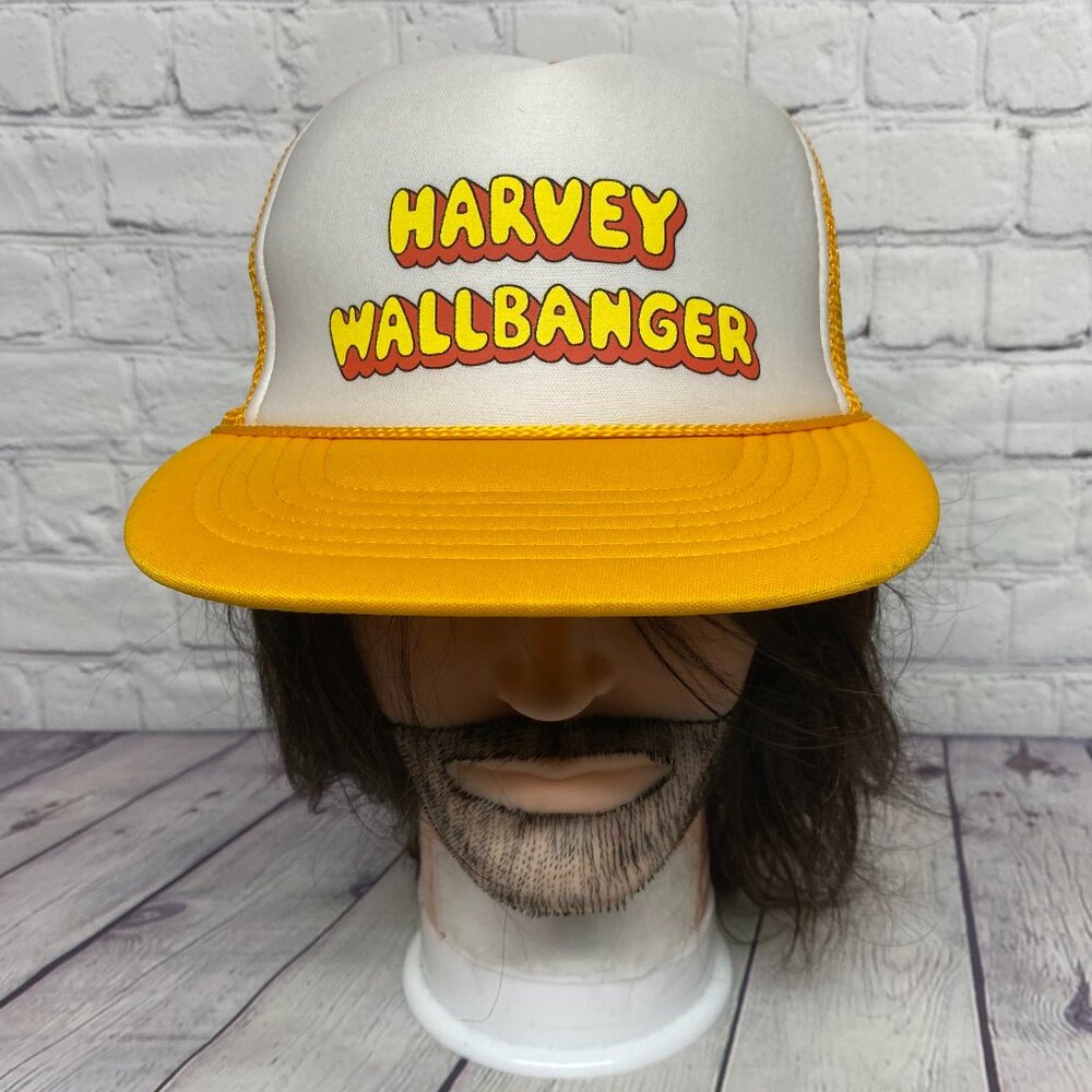 Vintage Trucker Hat Mesh Cap Snapback Yellow White Harvey WALLBANGER Print Logo